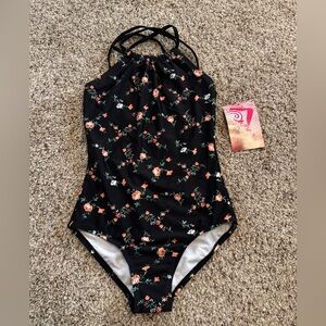 Kanu Surf Girls' Jasmine Beach Sport Halter Swimsuit Rose Garden Black size 10